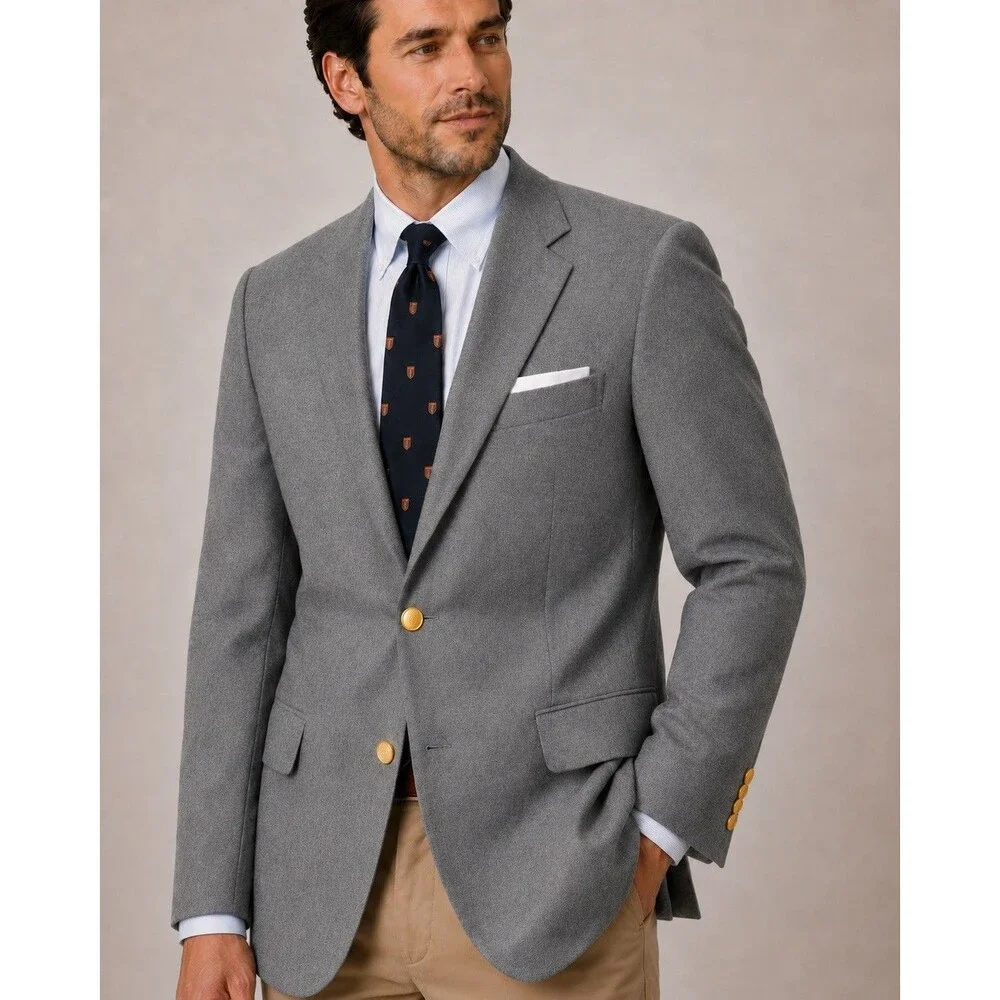Meeting Street Mens Gray Blazer Gold Button Sport Coat Jacket Made USA Classic